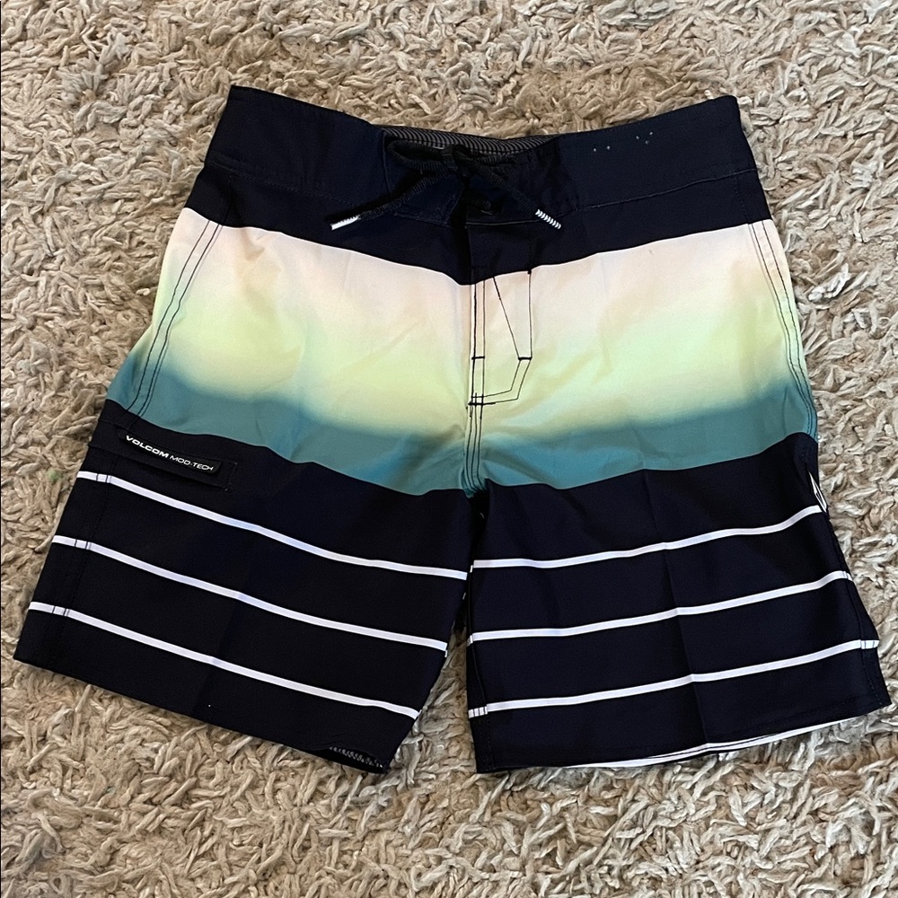 Volcom Black and Teal Striped Swim Shorts